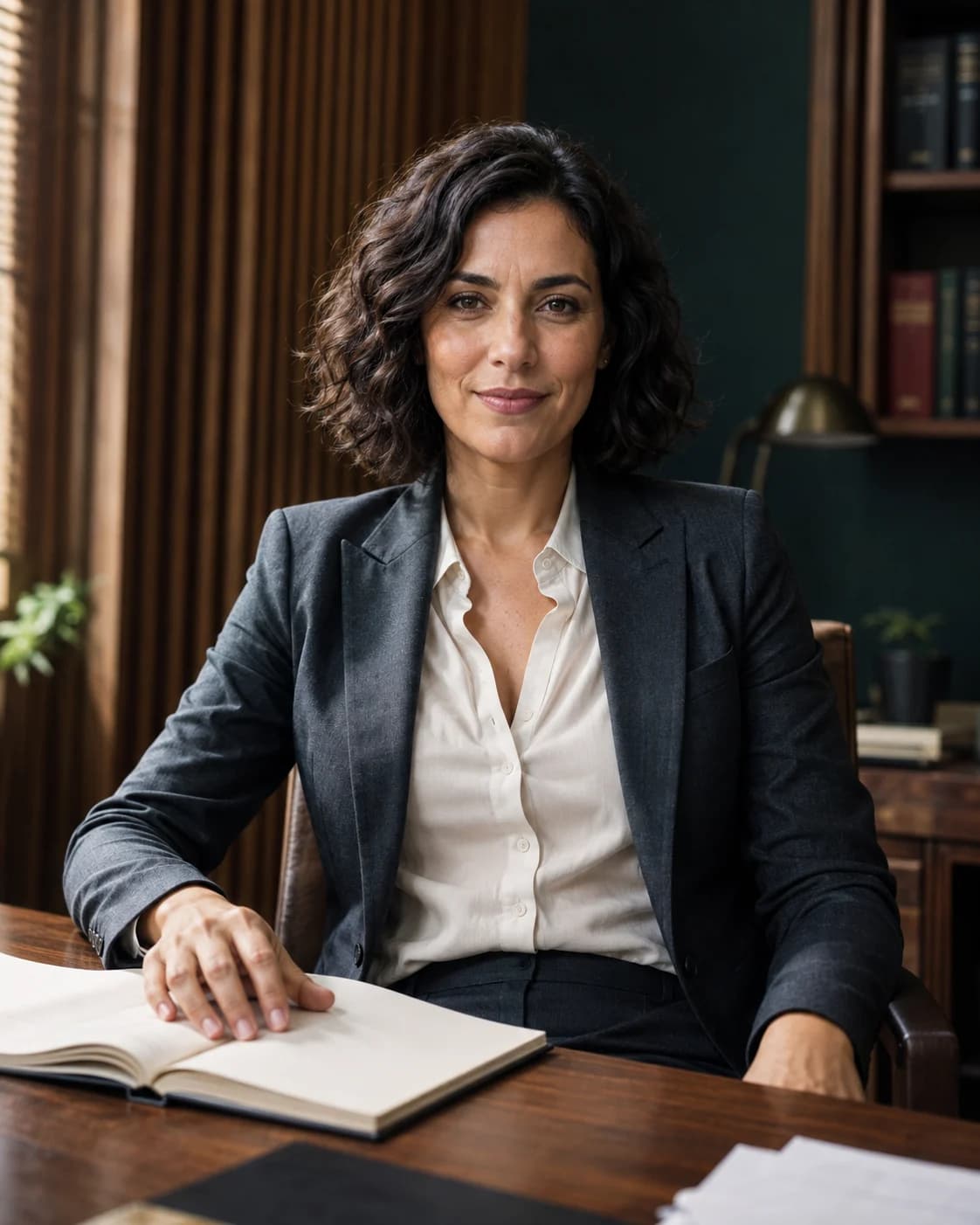 Elena Marlow, the fictional independent lawyer, seated at her desk
