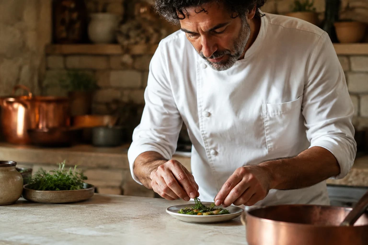 Luca, the fictional chef behind Sera, finishing a seasonal plate with fresh herbs
