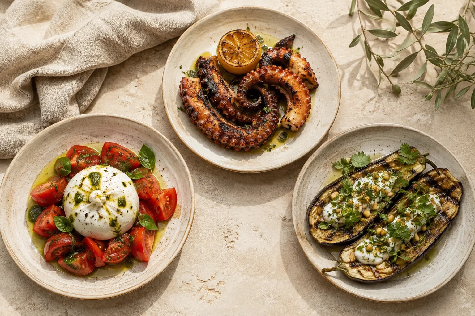 A colourful spread of burrata, charred aubergine and octopus, ready to share