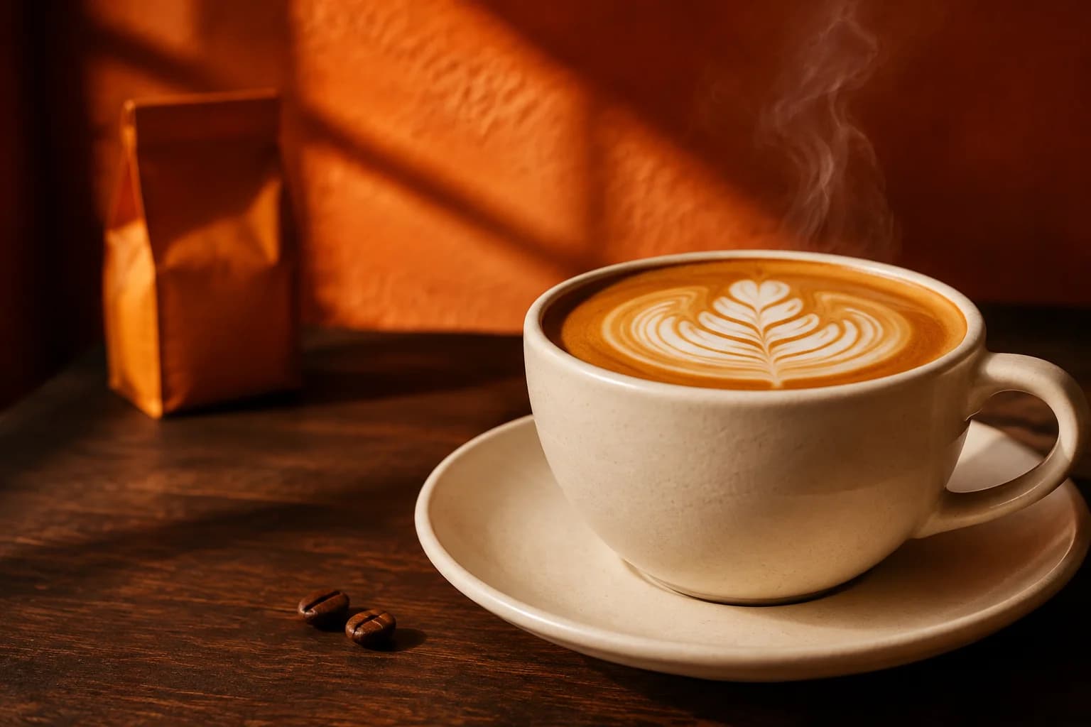 A warm ceramic cup of specialty coffee against an orange wall, with sunlight on the latte art