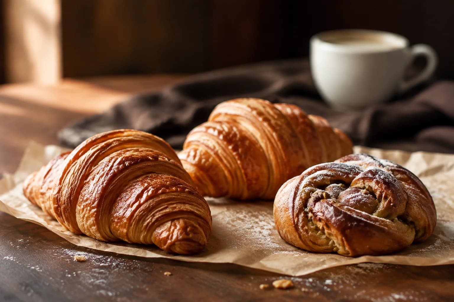 Golden croissants and a cardamom morning bun, freshly baked and laid out on parchment