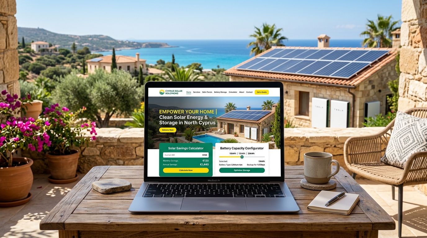Solar PV, Inverters & Battery Storage Installers website design mockup sample for North Cyprus